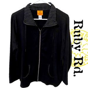 RUBY ROAD Black Full Zip Jacket/Blazer W/PolkaDots on Collar-Cuffs-Pockets Sz LP